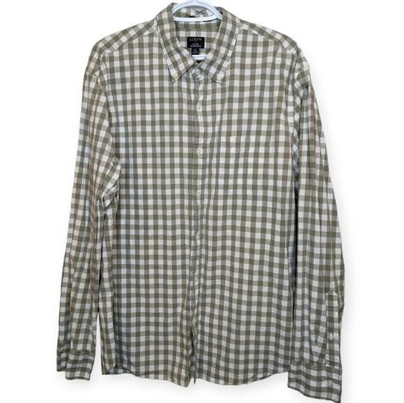 J Crew Slim Flex Washed Tan & White Checkered  Plaid Gingham XL Mens Button Down - Picture 1 of 9